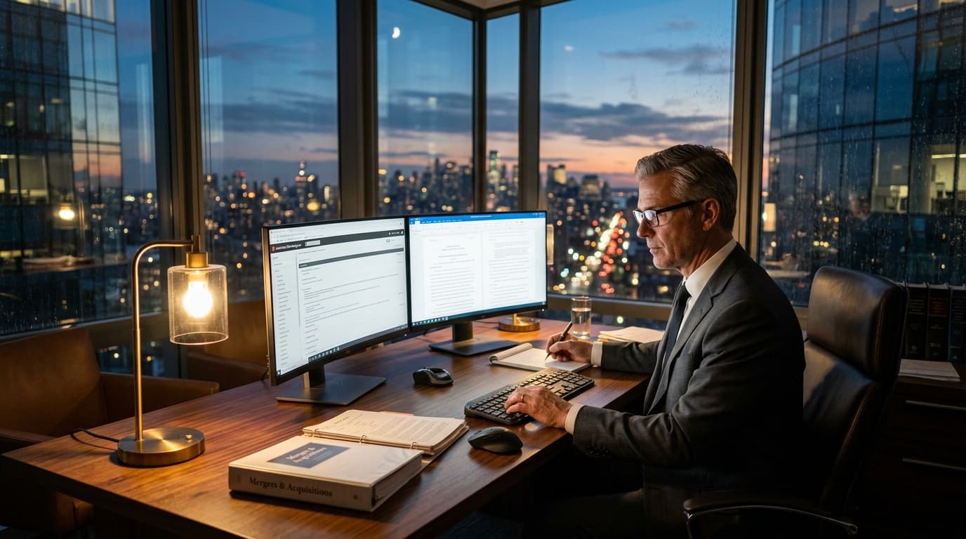 Executive legal counsel working at dusk in corner office with dual displays