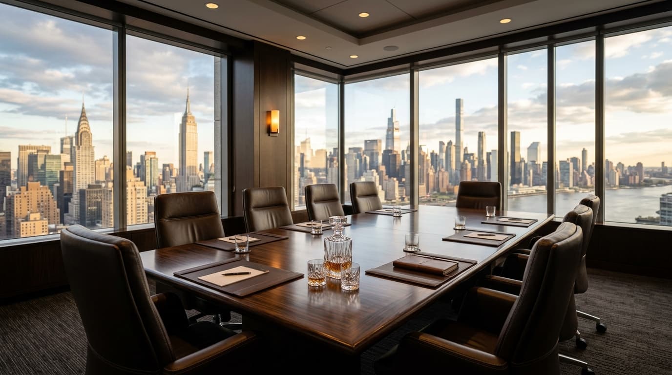 High-rise executive finance boardroom overlooking skyline with crystal decanter