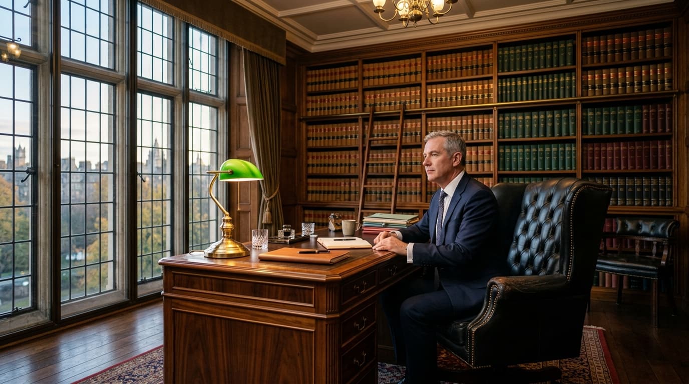 Partner office with classic wooden desk and law library