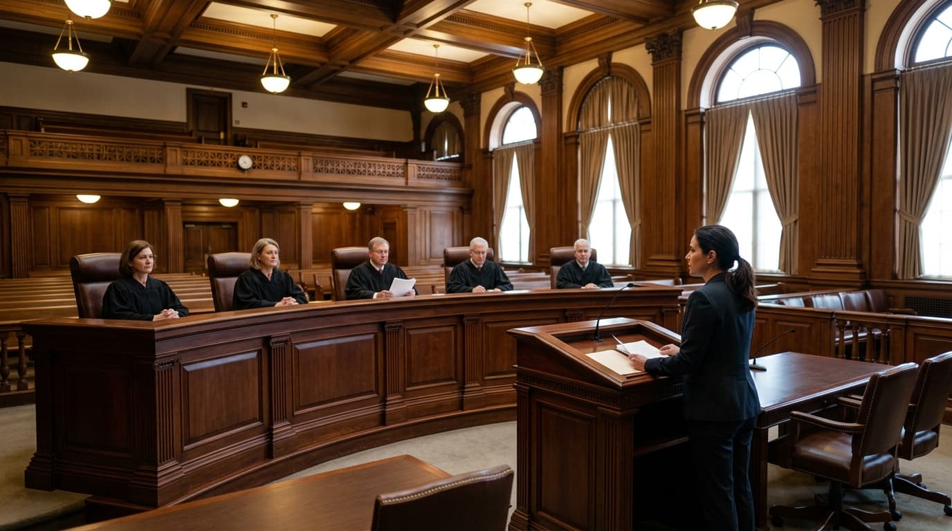 Appellate courtroom with judicial bench and mahogany podium