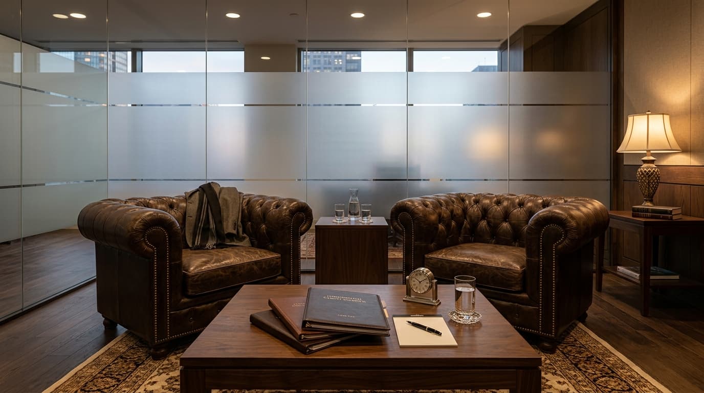 Private executive client consultation suite with chesterfield leather chairs and dossiers