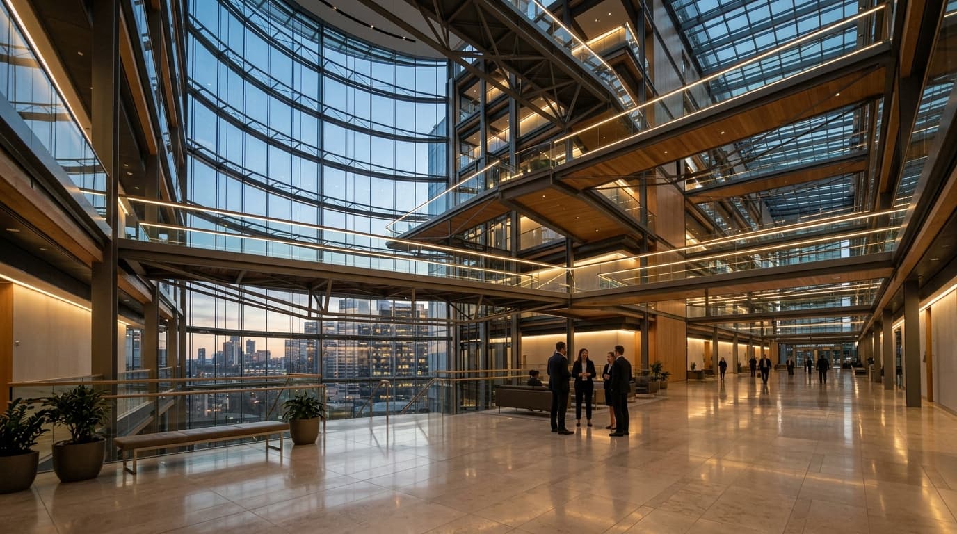 Grand multi-story corporate law firm atrium with suspended glass architecture
