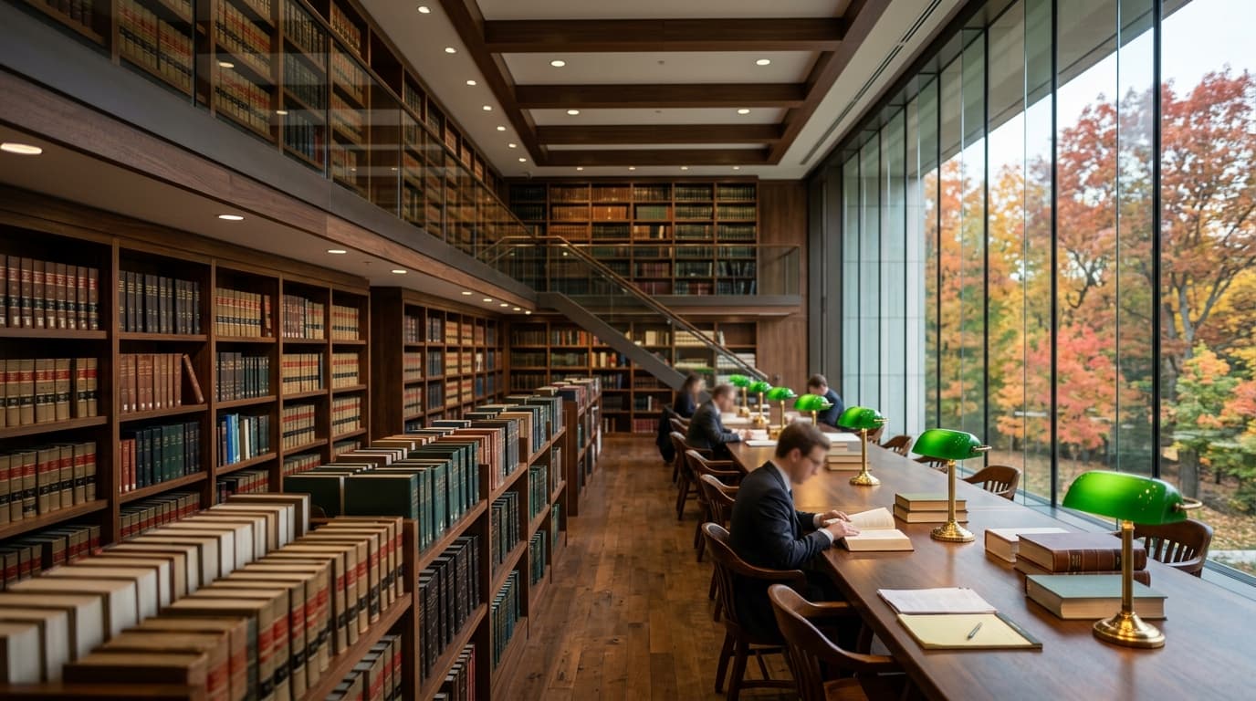 Multi-level modern legal research library with floor-to-ceiling volumes and glass wall