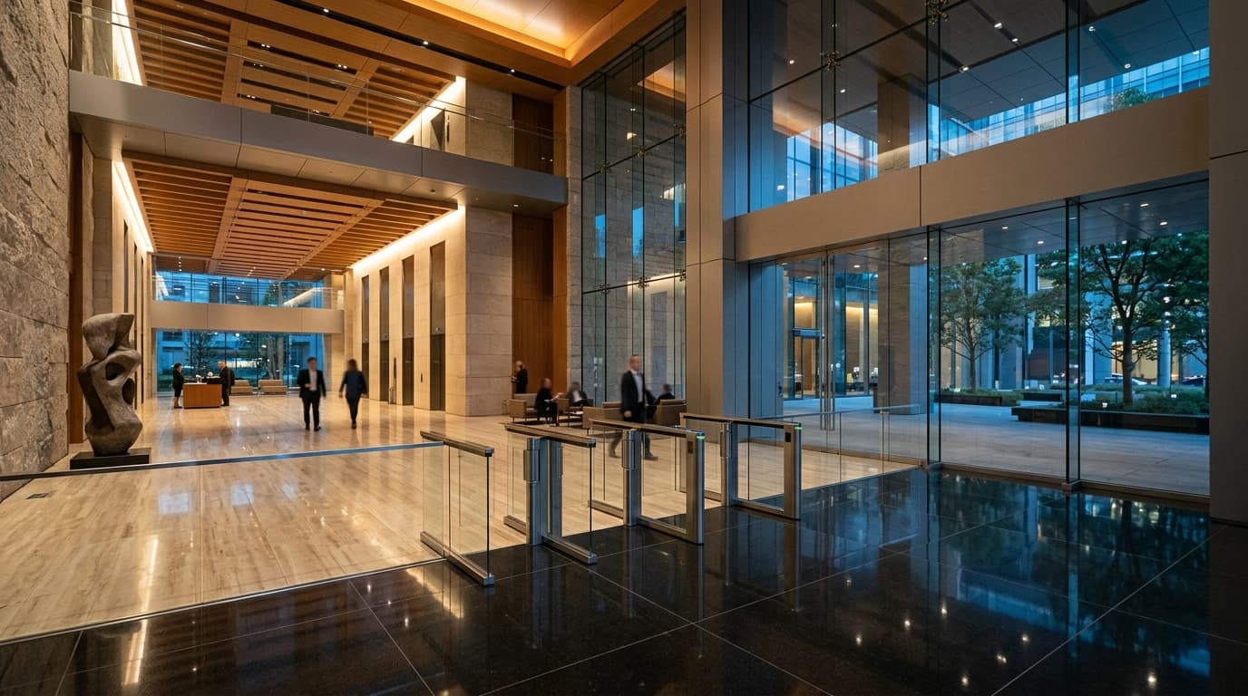 Granite corporate headquarters lobby with biometric security gates and turnstiles