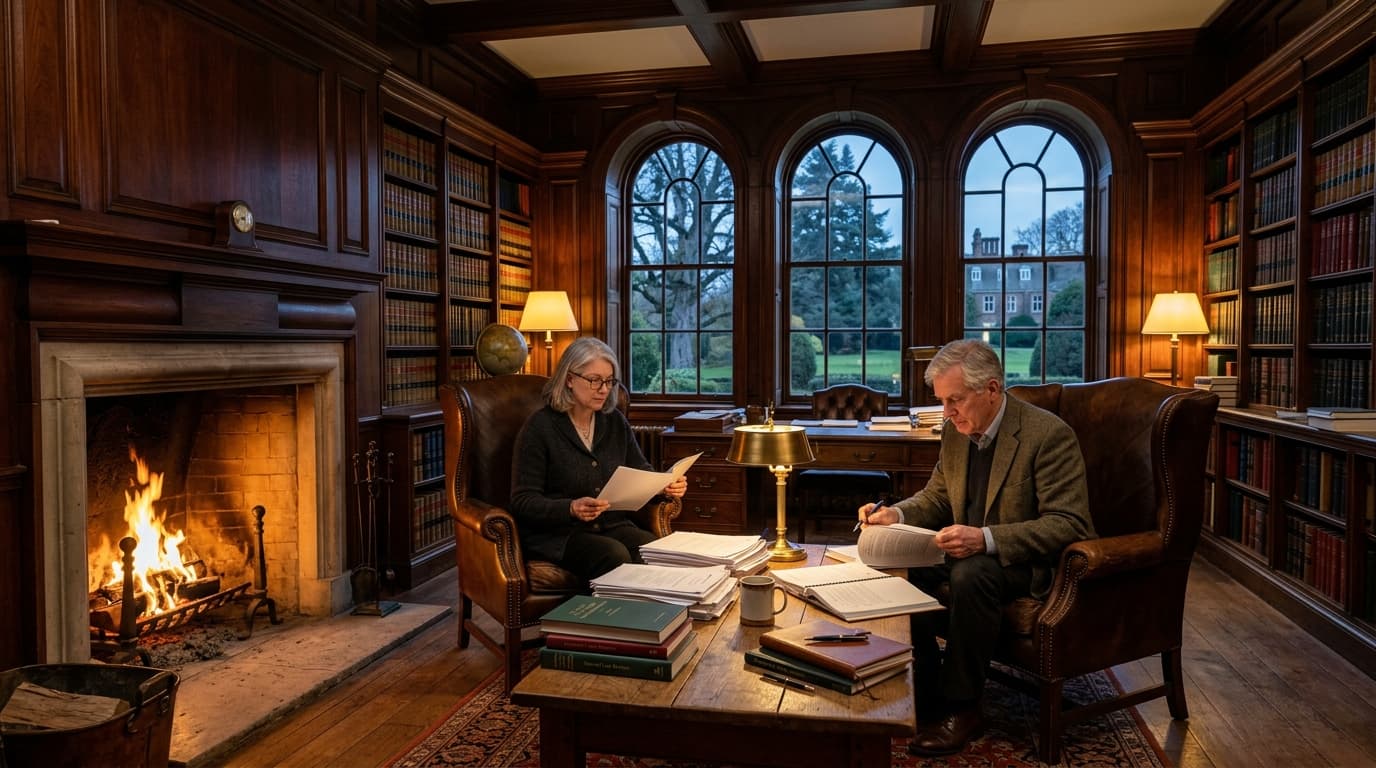 Legal scholars and researchers in private timber library with stone fireplace
