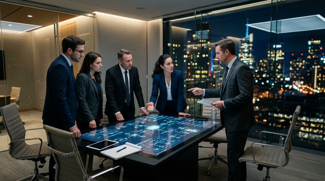 Legal partners around a luminous touchscreen war-room table strategizing case workflow